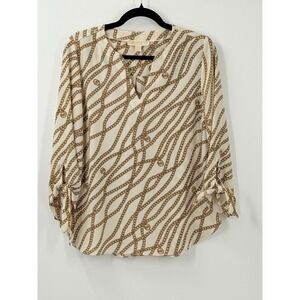 Michael Kors Chain Link Scarf Print V-Neck Top Womens sz M office academia